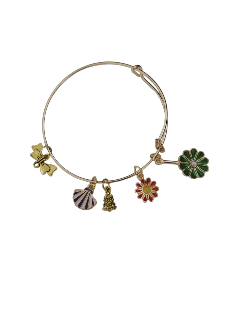 Adjustable Bangle Bracelet with Green & Red Flower Charms NWOT
